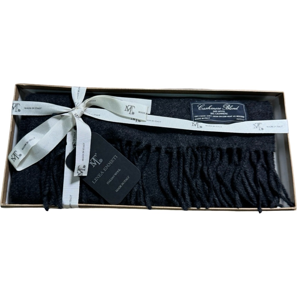 Linea Emmeti Cashmere Blend Scarf Black Gray 80% Wool 20% Cashmere Italy NIB